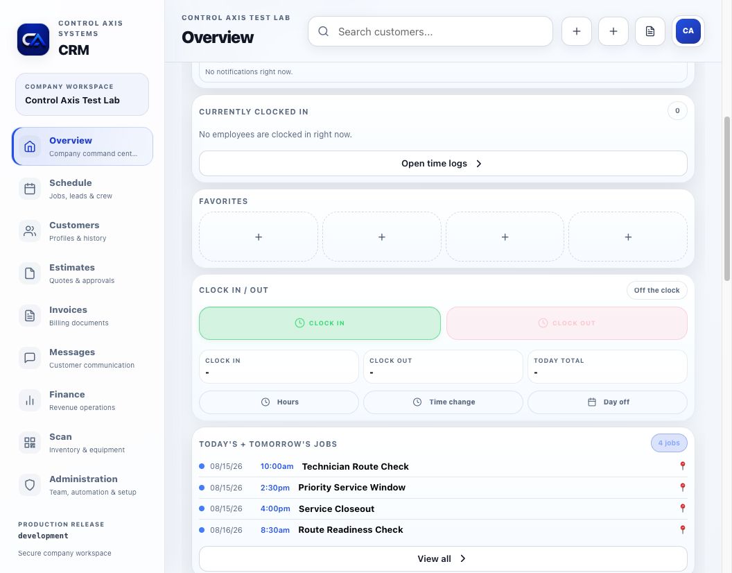 ControlAxis CRM command center with operational job activity