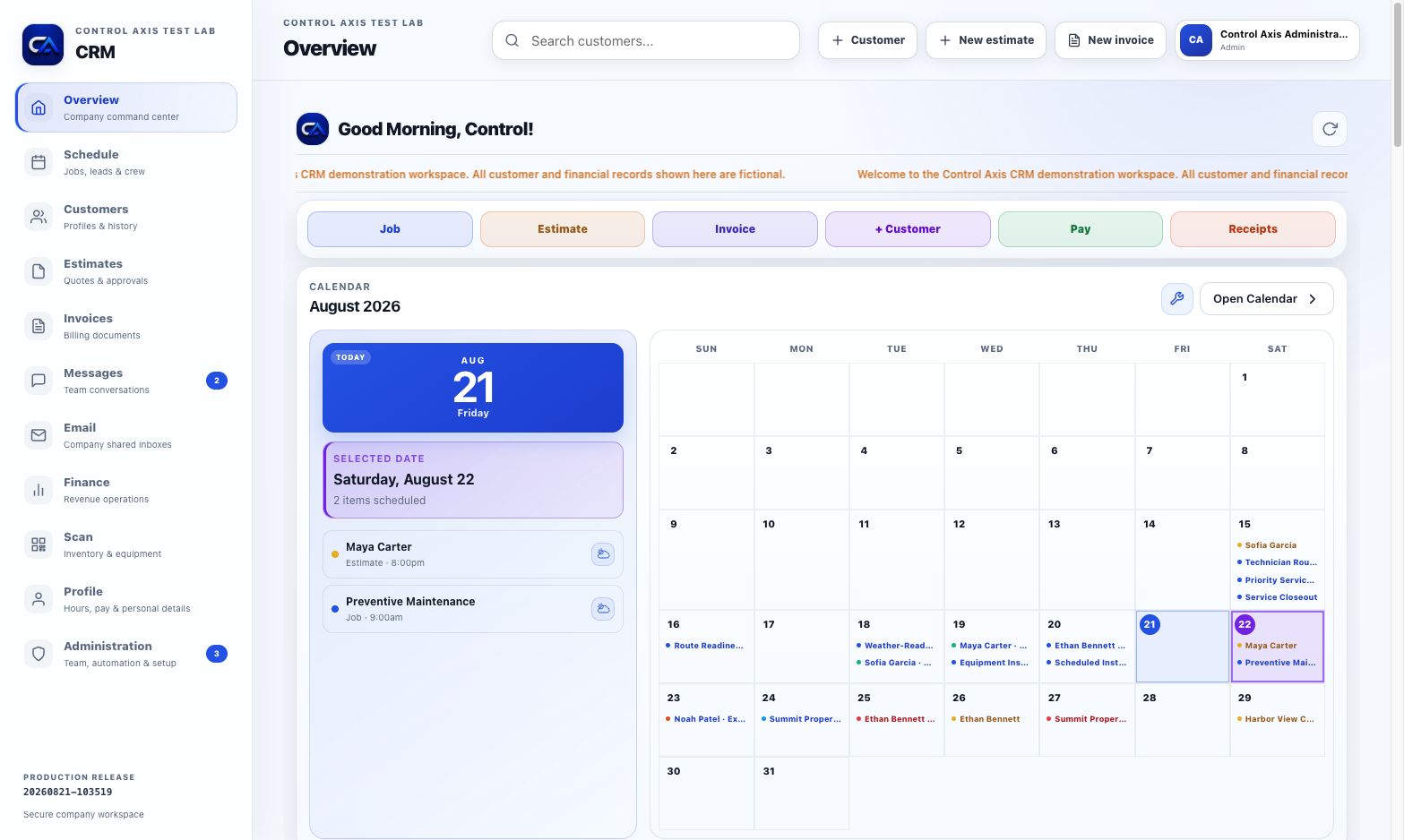 ControlAxis CRM command center in a fictional demo workspace