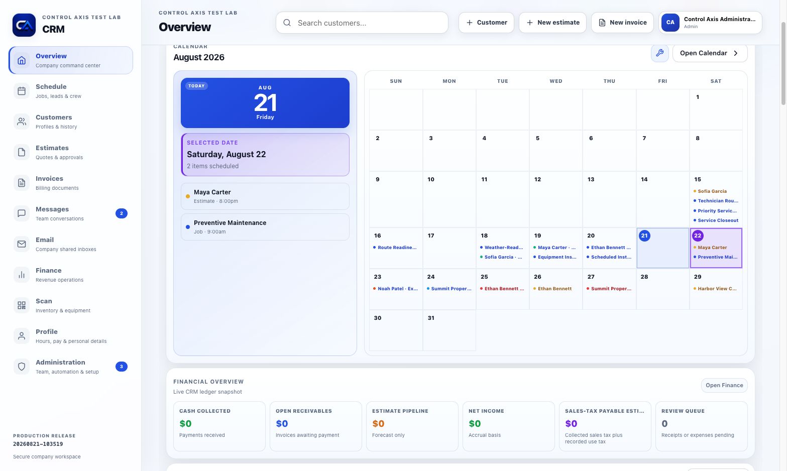 ControlAxis CRM calendar widget in the fictional Control Axis Test Lab