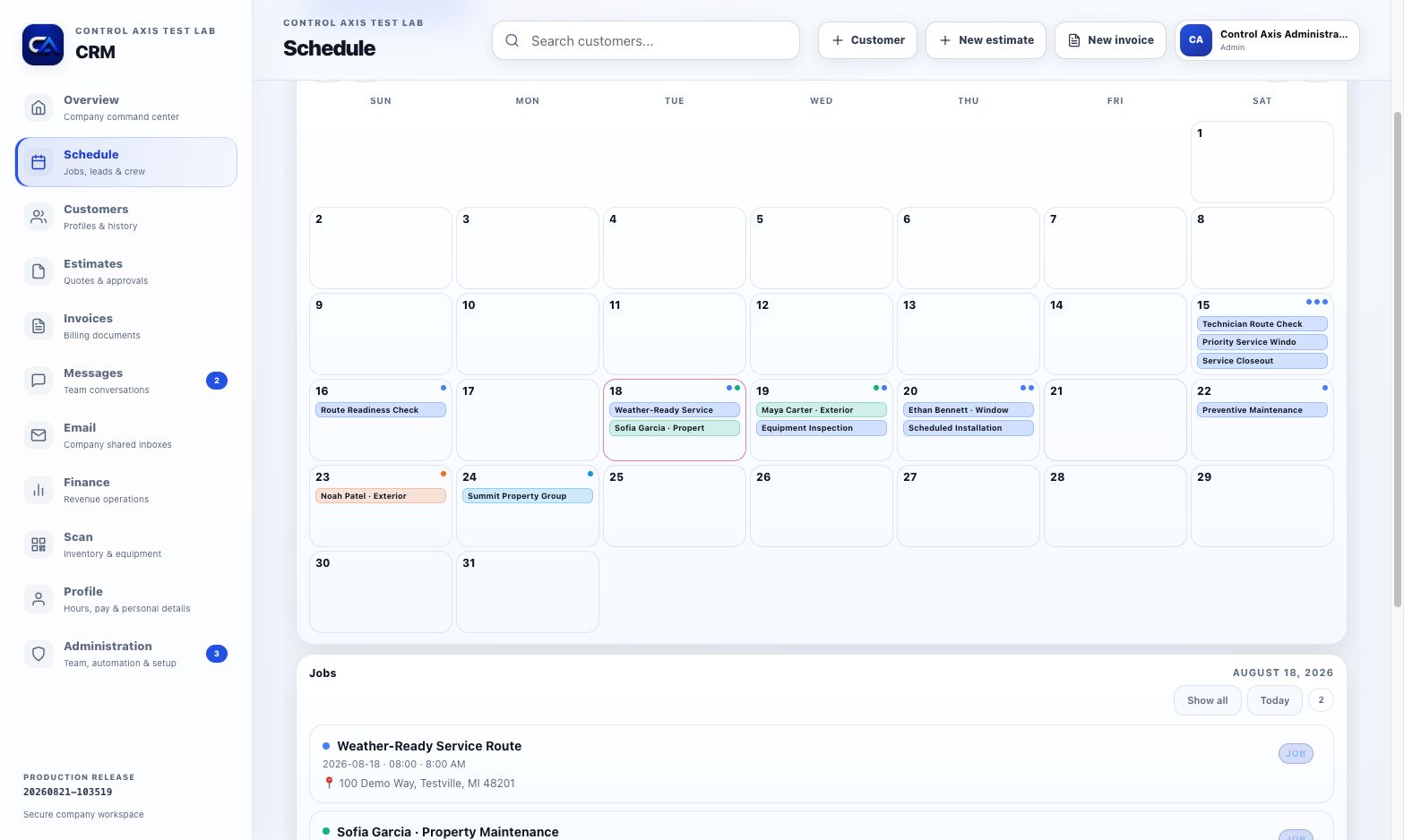 ControlAxis CRM scheduling calendar in a fictional demo workspace