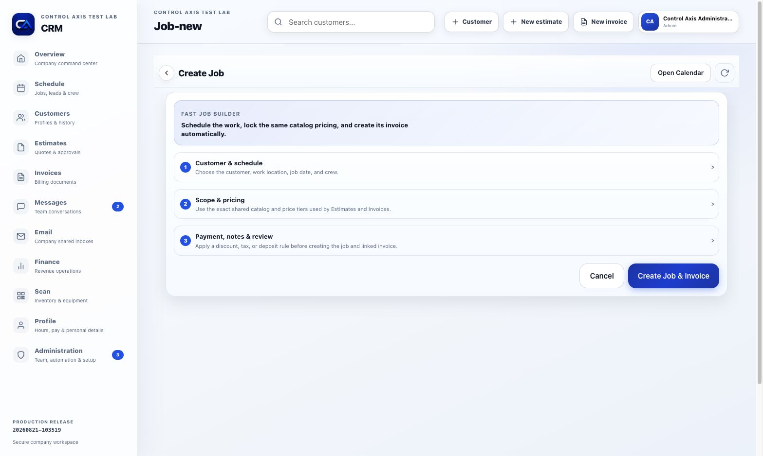 ControlAxis CRM job builder in the fictional Control Axis Test Lab