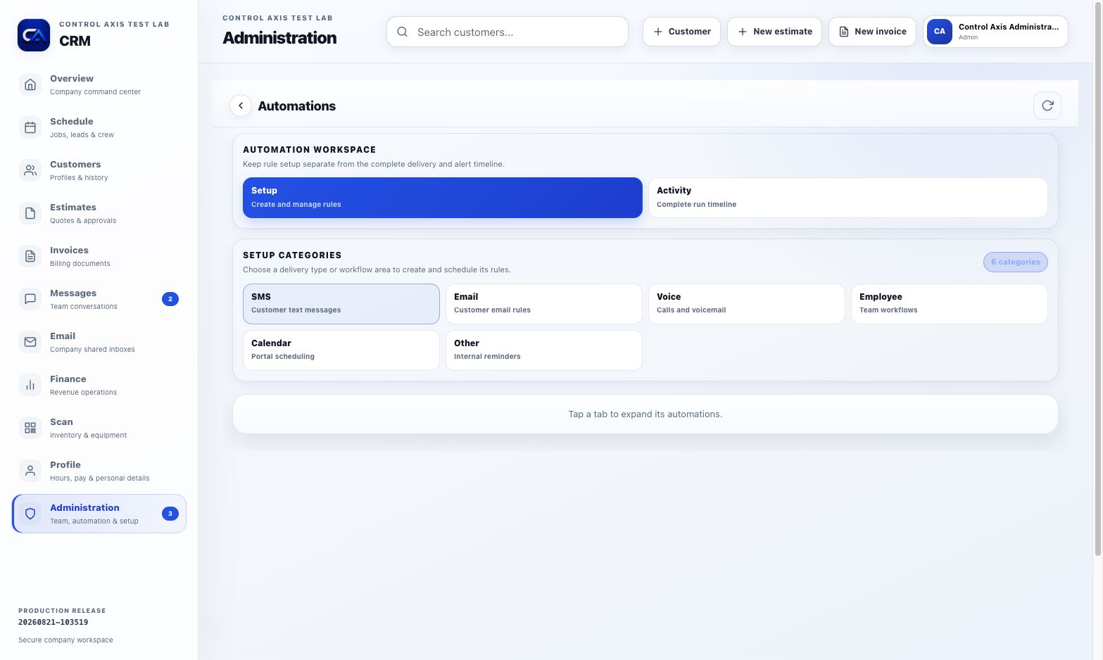 ControlAxis CRM automation controls in the fictional Control Axis Test Lab