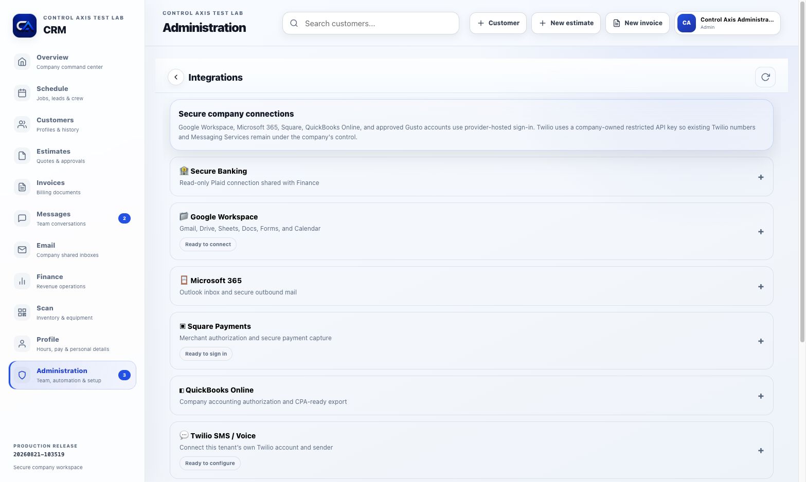 ControlAxis CRM integrations workspace in the fictional Control Axis Test Lab